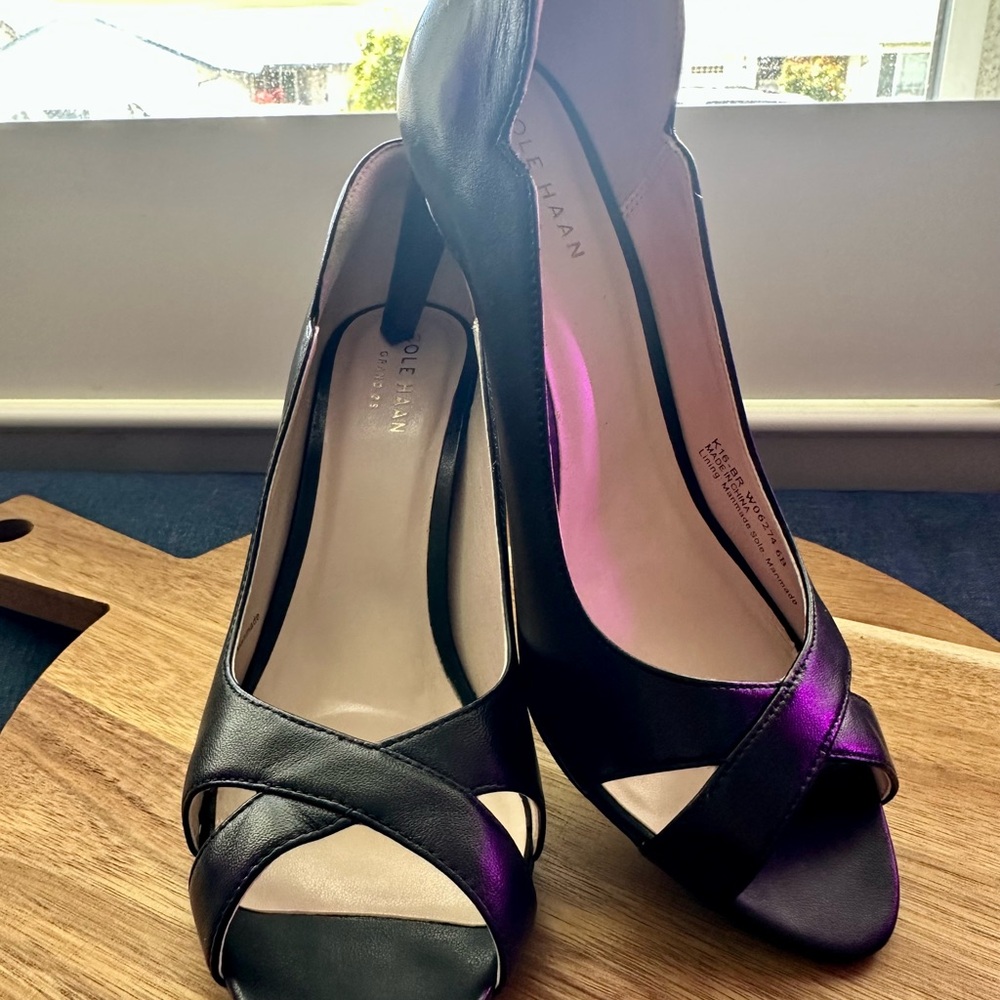 Cole Haan Black Leather Open-Toe Heels with Cross Straps